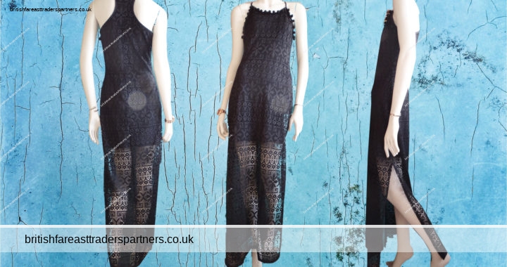 BLACK LACE CROCHET CUTOUT SUMMER SLIMLINE COLUMN MAXI DRESS UK 12