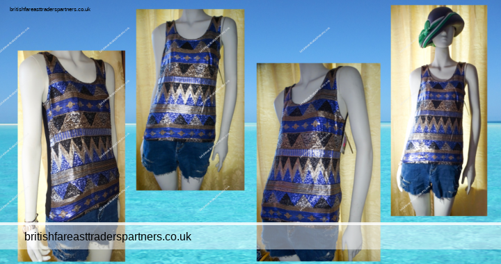 LADIES / WOMEN’S SUMMER VEST TOP AZTEC GEOMETRIC DESIGN BLUE / BLACK / GOLD SMALL SEWN SEQUINS SIZES: CHICO / SMALL MEDIO / MEDIUM  GRANDE / LARGE EXTRA GRANDE / EXTRA LARGE NEW WITH TAGS (NWT)