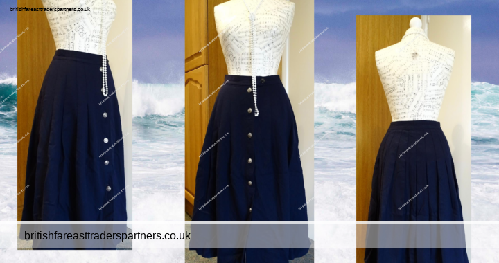 VINTAGE St Michael DARK NAVY 100% Wool  Button Down Skirt UK Size12 / EUR 40 Extra Long VGC HTF