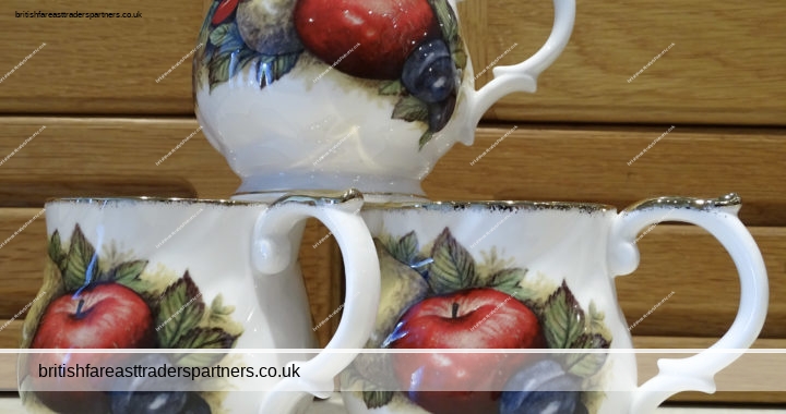 COLLECTIBLE BRITISH CERAMICS: VINTAGE Queen’s CHURCHILL Fine Bone China Cups  Antique Fruit Collectible