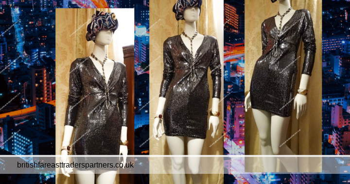 NEW LOOK SILVER Go SEQUIN Twist Knot V Neck Long Sleeve PARTY COCKTAIL Bodycon Dress UK 12 / EU 40 / USA 8/ CN 170/92A
