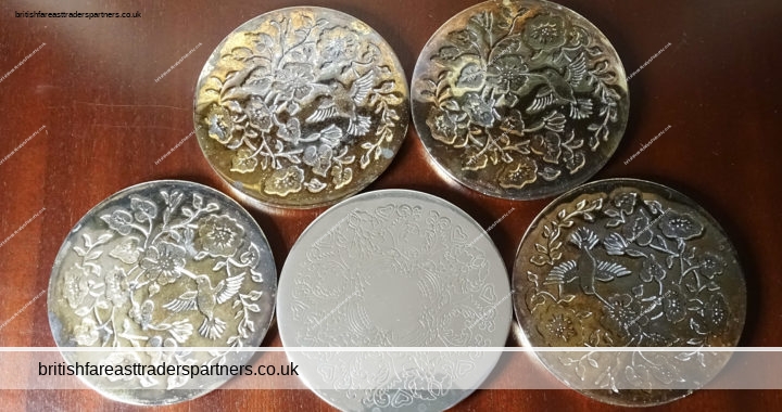 VINTAGE Mixed Lot of 5 Polished Silver Plated / Brass Metallic Coasters Florals + Bird Designs Approx. 9 cm Diameter