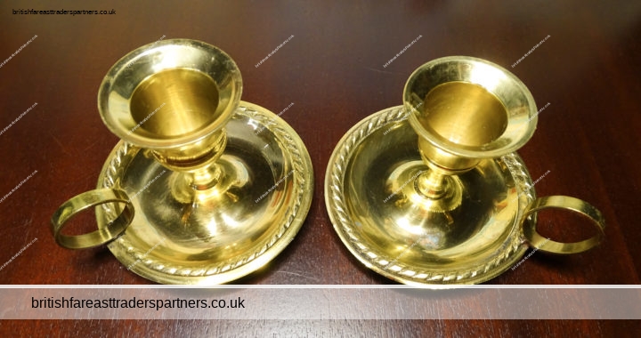 VINTAGE VICTORIAN ENGLISH Beautiful Pair GOLD PLATED Brass Chamber Stick Candle Holder