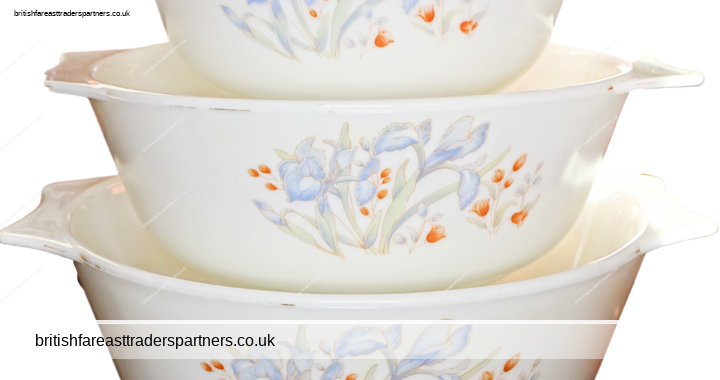 VINTAGE PYREX Set / LOT of 3 Milky White Glass Oven Casserole Dishes Blue Irises & Florals Made in England