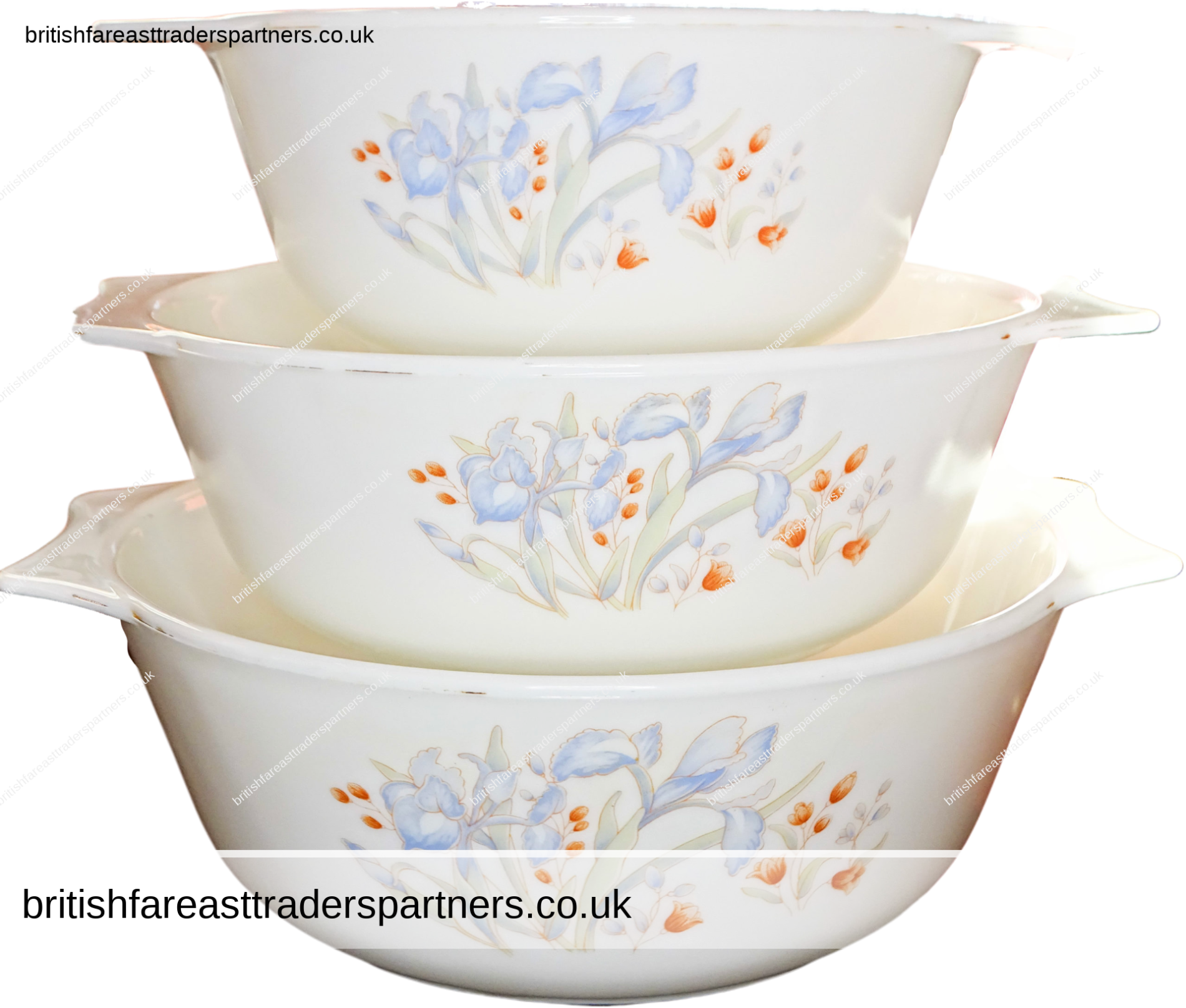 VINTAGE PYREX Set / LOT of 3 PRETTY Milkglass  Oven Casserole Dishes Blue Irises & Florals Made in England