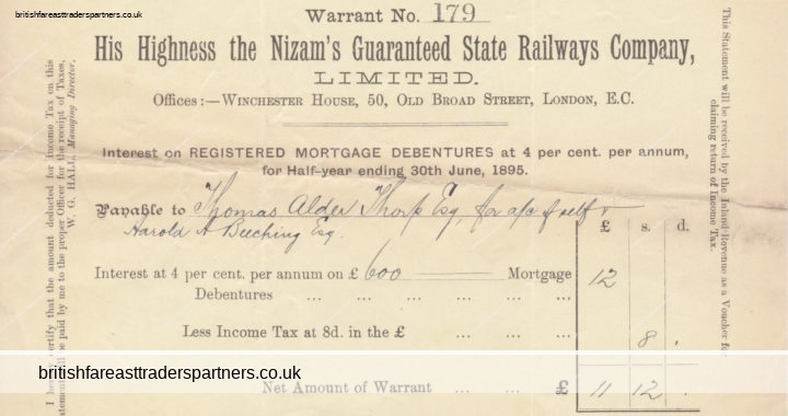 ANTIQUE 1895 INTEREST STATEMENT NIZAM’S Guaranteed State Railways Company Ltd.