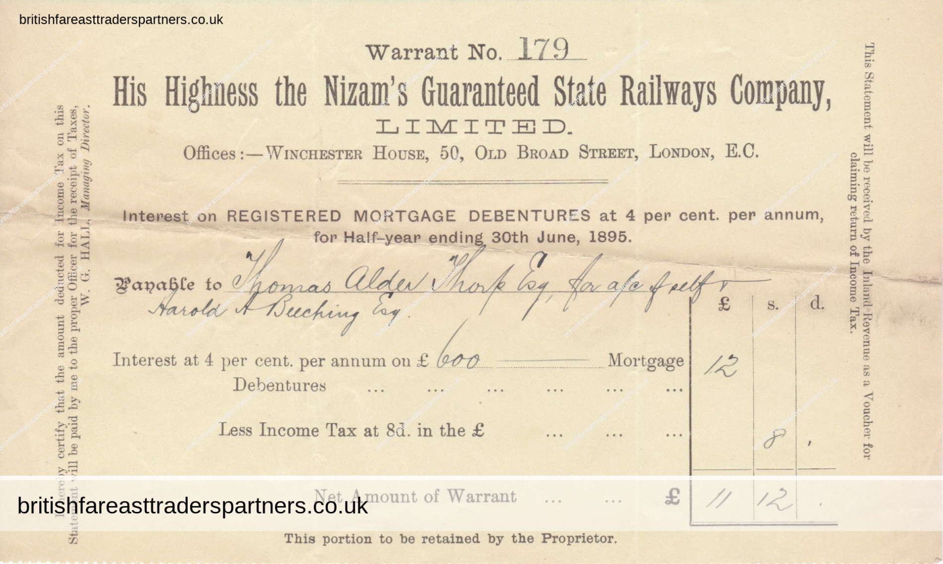 ANTIQUE 1895 STATEMENT OF INTEREST HIS HIGHNESS THE NIZAM’S GUARANTEED STATE RAILWAYS COMPANY, LIMITED VINTAGE & ANTIQUES | COLLECTABLES |  PAPER & EPHEMERA | RAILWAYS | LONDON | ENGLAND | UNITED KINGDOM | INVESTMENTS | STOCKS & SHARES |  HERITAGE | HISTORY