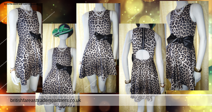 Ladies Women’s QUIZ Leopard ANIMAL Print BIG BLACK Bow Back Cutout Skater Fit & Flare DATE Night Party Cocktail Going Out Dress UK 10 / EURO 38