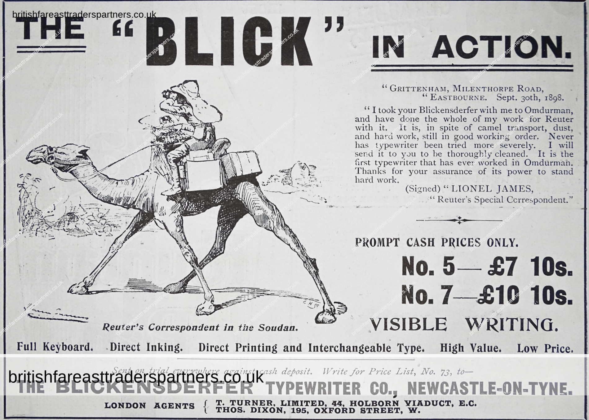 ANTIQUE 1900 BLICKENSDERFER TYPEWRITER CO. NEWCASTLE-ON-TYNE THE”BLICK”IN ACTION Lionel James Reuter’s Special Correspondent in the SOUDAN  Illustrated London News COLLECTABLE EPHEMERA Advertisement