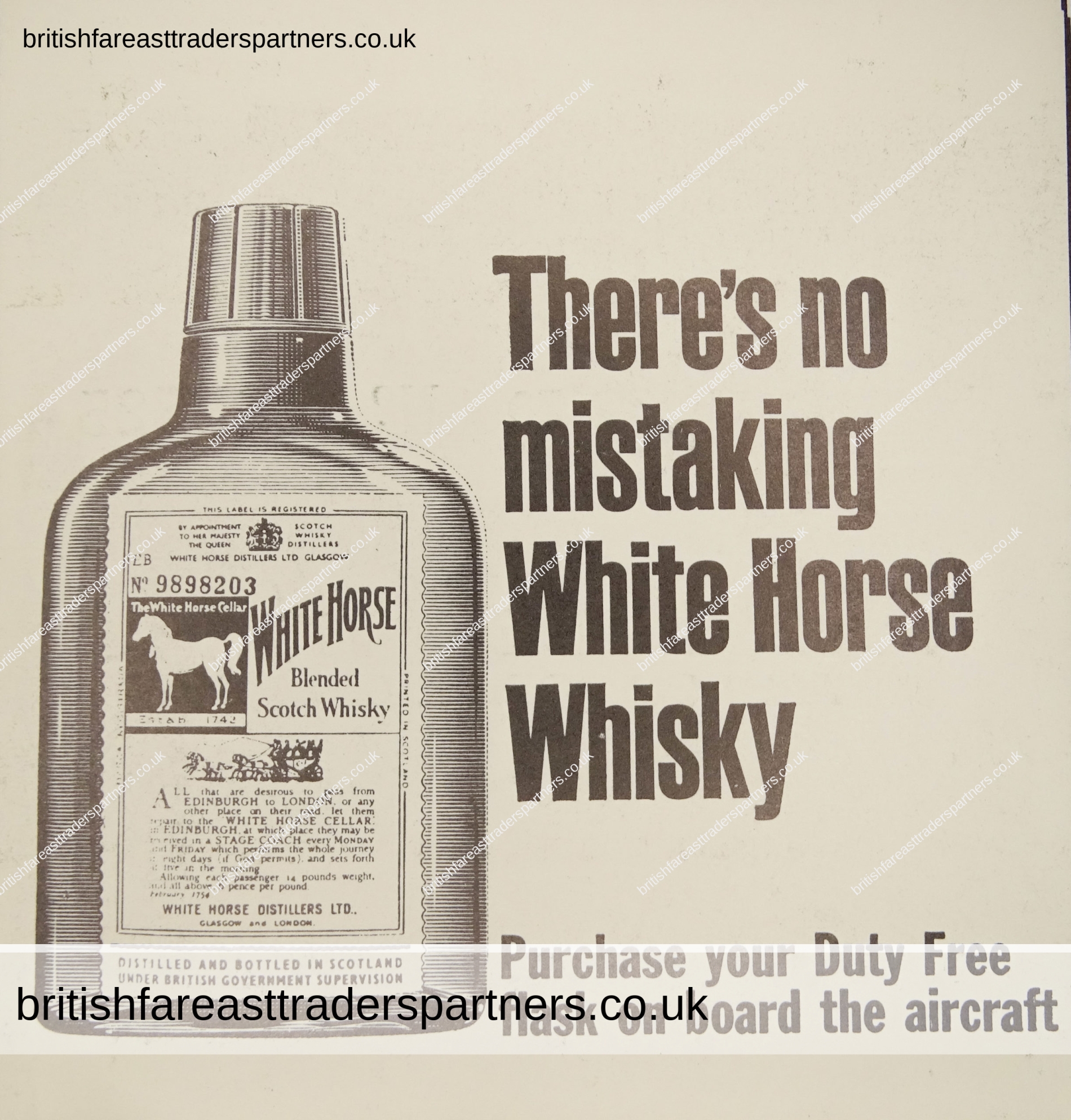 VINTAGE 1967 WHITE HORSE Blended SCOTCH Whisky WHITE HORSE DISTILLERS LTD. GLASGOW & LONDON CHANNEL AIRWAYS COLLECTABLE SPIRITS / DISTILLERY ADVERTISING EPHEMERA