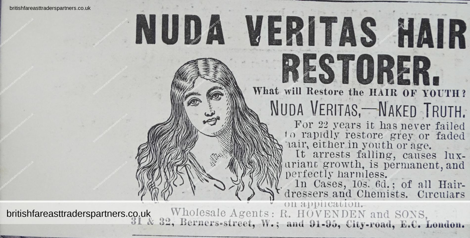 ANTIQUE 15th JUNE 1889 NUDA VERITAS Hair Restorer Wholesale Agents: R. HOVENDEN & SONS VICTORIAN LONDON Illustrated London News ADVERTISEMENT COLLECTIBLES VICTORIANA EPHEMERA