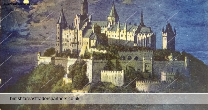 VINTAGE 4th JULY 1925 Burg Hohenzollern CASTLE NIGHT in FULL MOON GERMANY COLLECTABLE TOPOGRAPHICAL Postcard