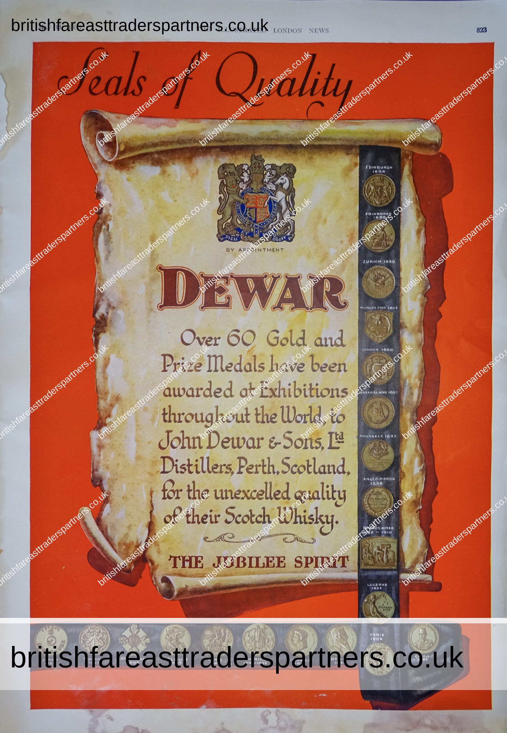VINTAGE May 11, 1935 DEWAR Seals of Quality 60 GOLD & Prize Medals John Dewar & Sons Ltd SCOTCH WHISKY THE JUBILEE SPIRIT THE ILLUSTRATED LONDON NEWS COLLECTABLE ADVERTISEMENT EPHEMERA