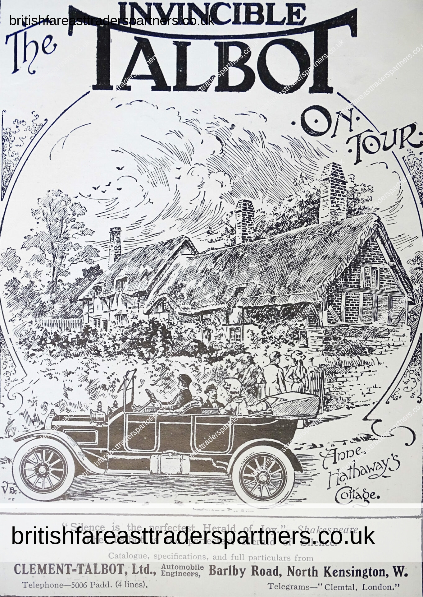ANTIQUE 1st JULY 1911 The INVINCIBLE TALBOT on TOUR Anne Hathaway’s COTTAGE Clement-Talbot Ltd The SPHERE Magazine Ad COLLECTABLE TRANSPORT EPHEMERA ADVERTISEMENT