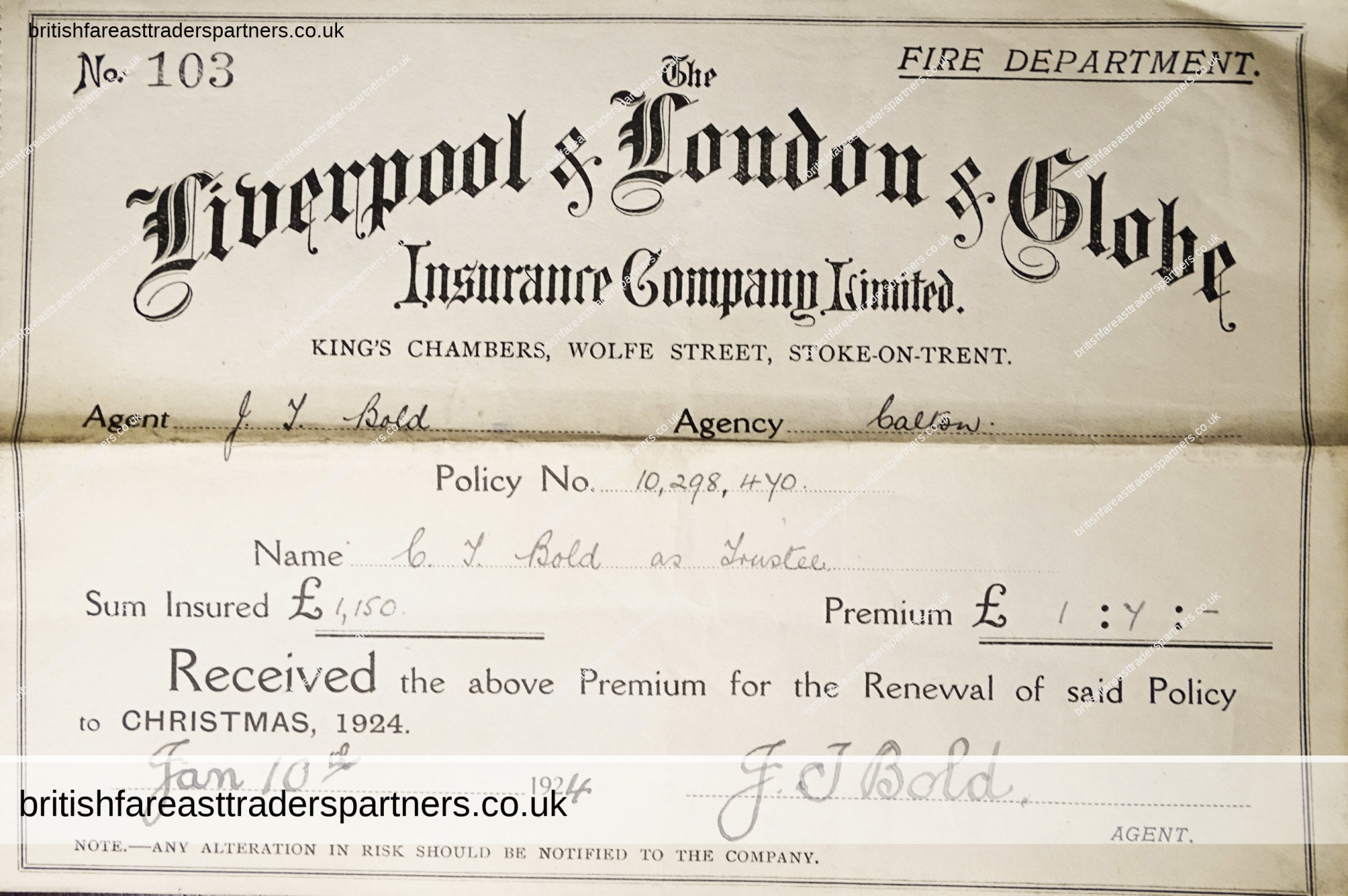 VINTAGE 10th JANUARY 1924 Liverpool & London & Globe INSURANCE COMPANY LIMITED FIRE DEPARTMENT Receipt / Certificate COLLECTABLE EPHEMERA