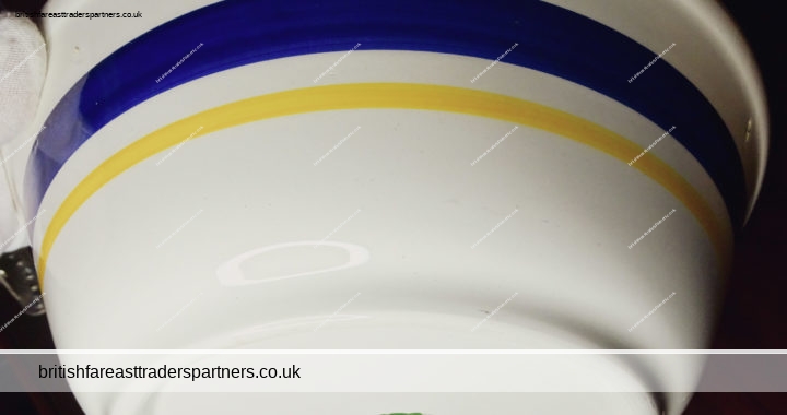 VINTAGE HAND PAINTED Heat Resisting Made in England KITCHEN / FRUIT / MIXING Bowl OFF- WHITE  ACCENTS of Colour Block Stripes of BLUE & YELLOW BRITISH CERAMICS / KITCHENALIA / STUDIO POTTERY/ FARMHOUSE / BARN / COTTAGE LIVING