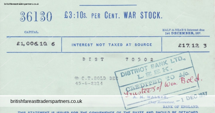 VINTAGE 1937 COLLECTABLE STATEMENT OF INTEREST WAR STOCK BANK OF ENGLAND