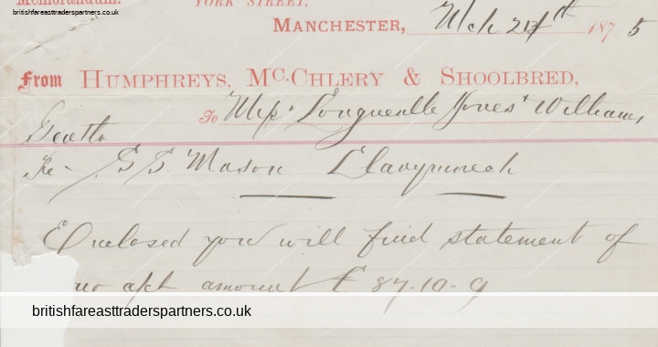 ANTIQUE 1875 VICTORIAN ENGLAND MEMORANDUM From HUMPHREYS, MCCHLERY & SHOOLBRED