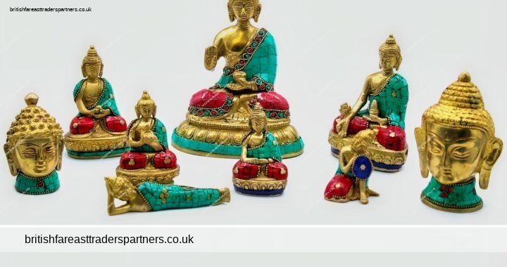 BRASS BUDDHA FIGURES HANDCRAFTED BY ARTISANS OLD DELHI, INDIA CARNELIAN & TURQUOISE DETAILS COLLECTABLES RELIGION & SPIRITUALITY BUDDHISM