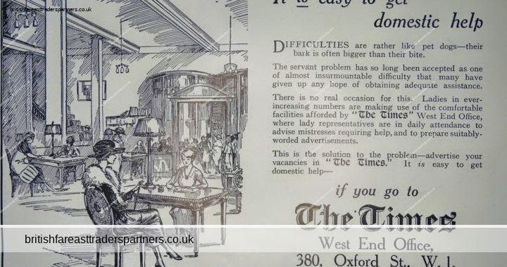 ANTIQUE MAY 5, 1920 THE TATLER LONDON IT IS EASY TO GET DOMESTIC HELP IF YOU GO TO THE TIMES WEST END OFFICE 380, OXFORD ST., LONDON , W.1 COLLECTABLE ADVERTISING | EPHEMERA | DOMESTIC LIFE | SOCIETY | SOCIAL HISTORY | LIFESTYLE FASHION