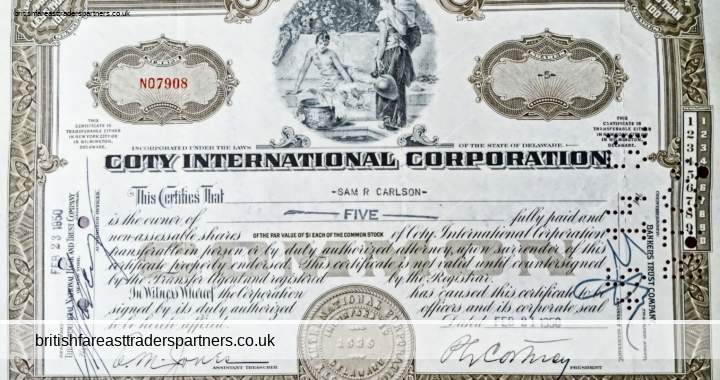 VINTAGE FEBRUARY 21 1950 COTY INTERNATIONAL CORPORATION HOLDER: SAM R. CARLSON REGISTERED: THE COMMERCIAL NATIONAL BANK AND TRUST COMPANY  OF NEW YORK COUNTERSIGNED: BANKERS TRUST COMPANY 5 SHARES AMERICAN BANKNOTE COMPANY COLLECTABLE DOCUMENTS | SHARE CERTIFICATES | WORLD | SCRIPOPHILY | BUSINESS | INVESTMENTS