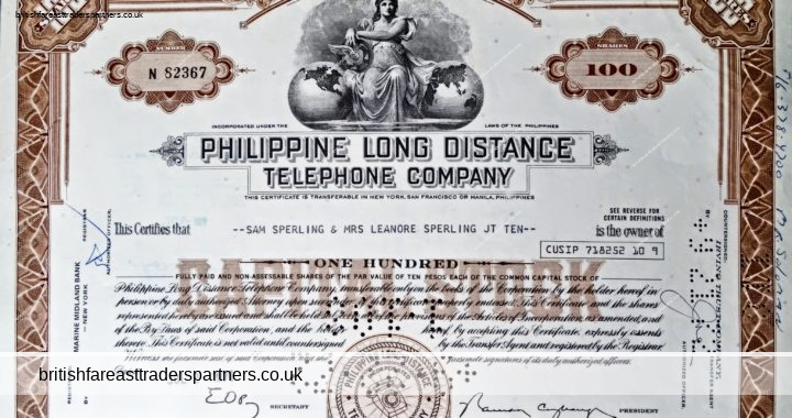 VINTAGE JULY 2 1971 PHILIPPINE LONG DISTANCE TELEPHONE COMPANY HOLDERS:  SAM SPERLING & MRS. LEANORE SPERLING (AS JOINT TENANTS WITH RIGHT OF SURVIVORSHIP AND NOT AS TENANTS IN COMMON) REGISTERED BY: MARINE MIDLANDB BANK, NEW YOR COUNTERSIGNED: IRVING TRUST COMPANY 100 SHARES FRANKLIN LEE DIVISION – AMERICAN BANK NOTE CO. COLLECTABLE DOCUMENTS | SHARE CERTIFICATES | WORLD | SCRIPOPHILY | BUSINESS | INVESTMENTS