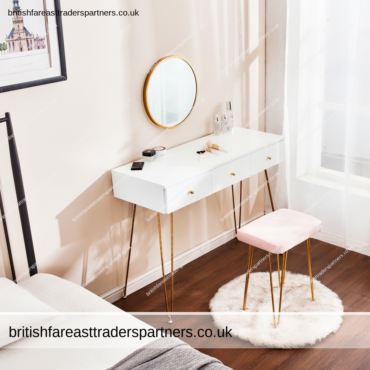 CHIC & STYLISH WHITE DRESSING TABLE BEDROOM VANITY TABLE CHAIR SET WITH CUSHIONED STOOL WALL MOUNT MIRROR 3 DRAWERS GOLD HAIRPIN LEGS MAKEUP TABLE LIVING ROOM | BEDROOM | FURNITURES | HOME | LIFESTYLE