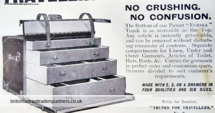 ANTIQUE NEWSPAPER PRINT AD JULY 1, 1911 FROM THE SPHERE PATENT EUREKA TRUNK J. FOOT & SON LTD. 171, NEW BOND ST. LONDON, W. TRAVELLING CASE | TRUNKS FOR TRAVELLERS PRINT ADVERTISING | ADVERTISING COLLECTABLES | TRAVELLING CASE | EPHEMERA | LIFESTYLE | TRAVEL