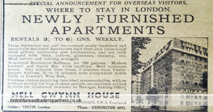 VINTAGE NEWSPAPER PRINT AD NELL GWYNN HOUSE SLOANE AVENUE, CHELSEA, LONDON, S.W.3, ENGLAND NEWLY FURNISHED APARTMENTS SPECIAL ANNOUNCEMENT FOR OVERSEAS VISITORS WHERE TO STAY IN LONDON LONDON | ENGLAND | UNITED KINGDOM | HOTELS | APARTMENTS | TRAVEL | LEISURE | LIFESTYLE