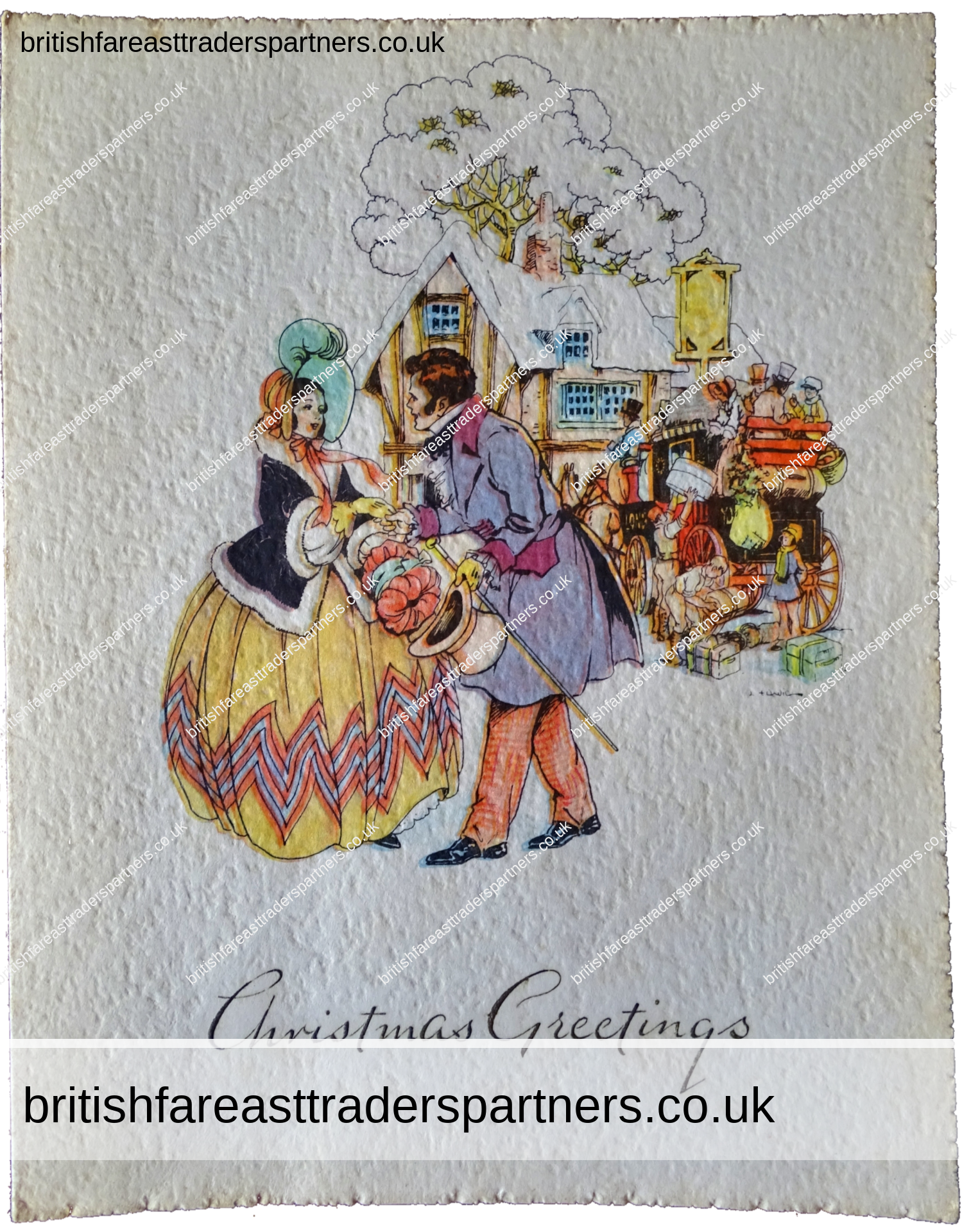 VINTAGE / ANTIQUE CHRISTMAS GREETINGS CARD  “CHRISTMAS GREETINGS” E.H DAVIES ARTWORK YOUNG LADY & A GENTLEMAN VILLAGE / TOWN / COUNTRY PRINTED IN GREAT BRITAIN BRITISH | COLLECTABLES | PAPER & EPHEMERA GREETINGS CARD | CHRISTMAS