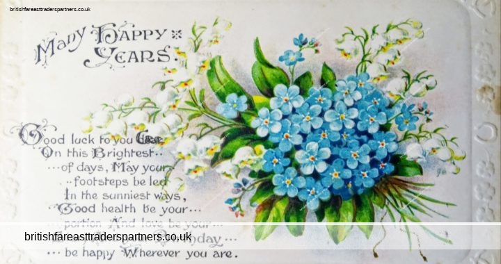 VINTAGE BIRTHDAY GREETINGS CARD W & K LONDON, E.C. BRITISH MANUFACTURE BUNCH OF WHITE & BLUE FLOWERS COLLECTABLES | POSTCARDS | BIRTHDAY GREETINGS