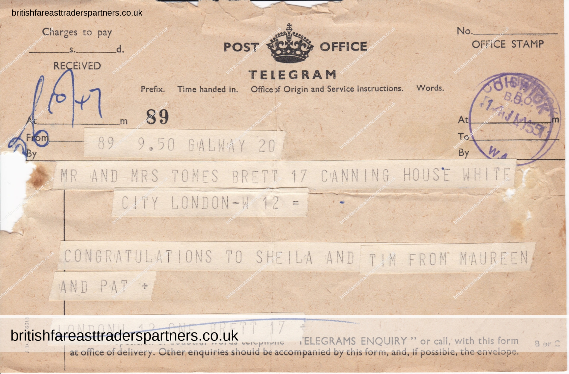 VINTAGE COLLECTABLE TELEGRAM GENERAL POST OFFICE (GPO) 14 JULY 1951 VINTAGE | GREETINGS | PAPER & EPHEMERA | LIFESTYLE | CULTURE | HERITAGE | BRITISH | POSTAL SERVICES | COMMUNICATIONS