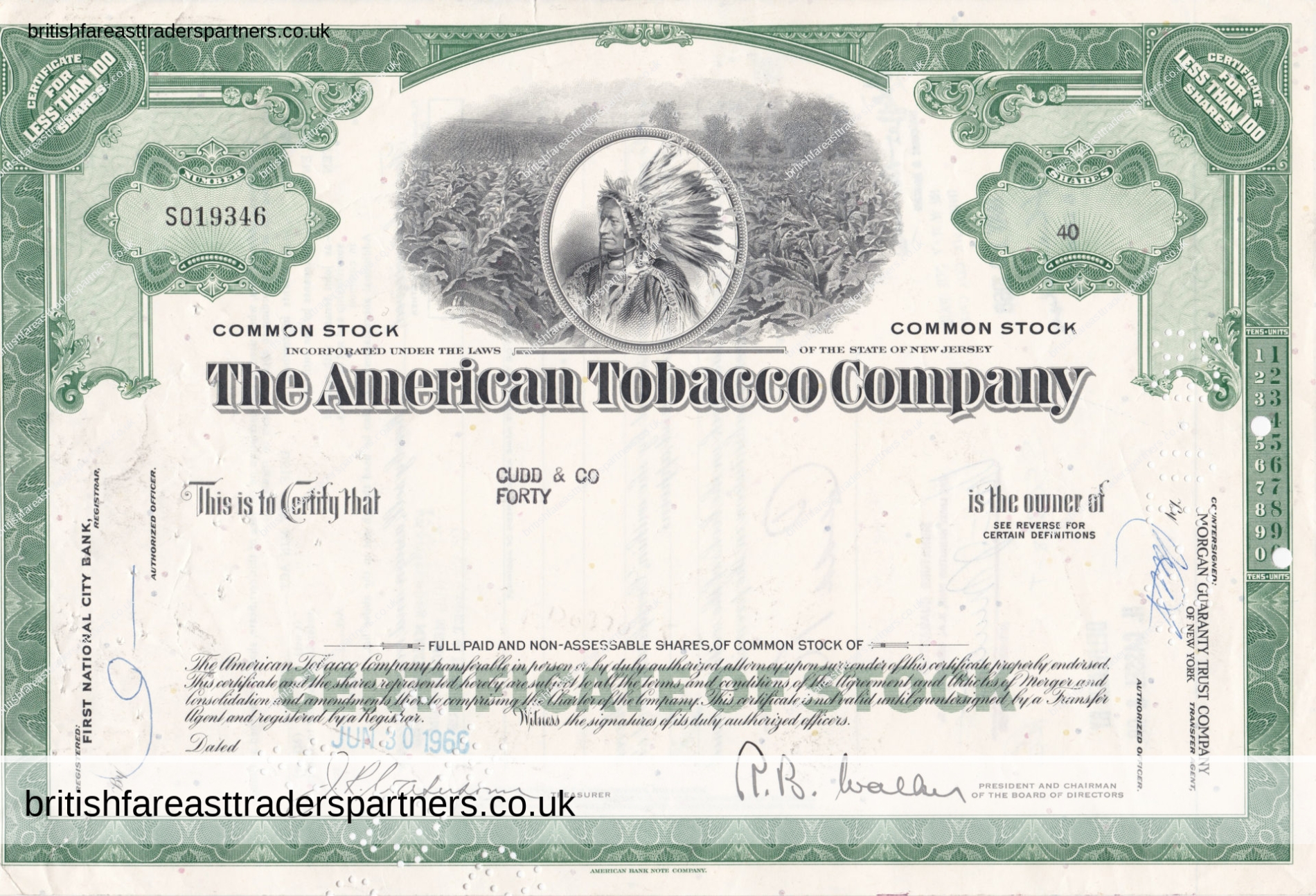 VINTAGE STOCK / SHARE CERTIFICATE 30 JUNE 1966 THE AMERICAN TOBACCO COMPANY HOLDERS: CUDD & CO. REGISTERED: FIRST NATIONAL CITY BANK COUNTERSIGNED: MORGAN GUARANTY & TRUST COMPANY NEW YORK 40 COMMON STOCK COLLECTABLE DOCUMENTS | SHARE CERTIFICATES | COMPANIES | WORLD | SCRIPOPHILY | BUSINESS | INVESTMENTS