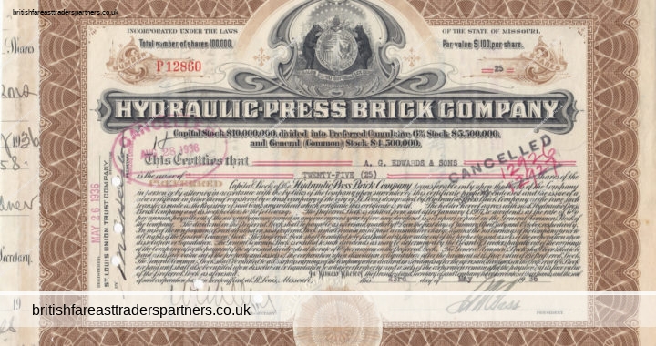 VINTAGE STOCK / SHARE CERTIFICATE 23RD MAY 1936 HYDRAULIC PRESS BRICK COMPANY HOLDERS: A.G EDWARDS & SONS REGISTERED: ST. LOUIS UNION TRUST COMPANY COUNTERSIGNED: N/A 100,000 SHARES WESTERN BANK NOTE CO. CHICAGO COLLECTABLE DOCUMENTS | SHARE CERTIFICATES | COMPANIES | WORLD | SCRIPOPHILY | BUSINESS | INVESTMENTS