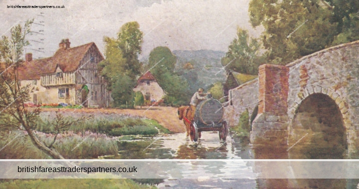VINTAGE English Country Village Horse by the River ENGLAND Collectable POSTCARD