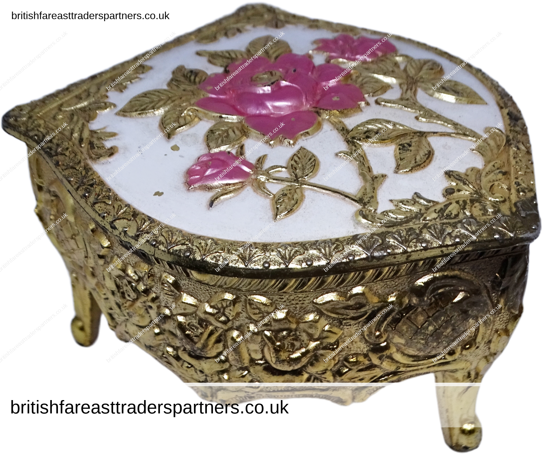 VINTAGE FRENCH ROCOCO / VICTORIAN INSPIRED PINK ROSES FOOTED GOLD TONE JEWELLERY TRINKET BOX VINTAGE | VANITY | DECORATIVE COLLECTABLES | FASHION | LIFESTYLE | ROCOCO | VICTORIAN