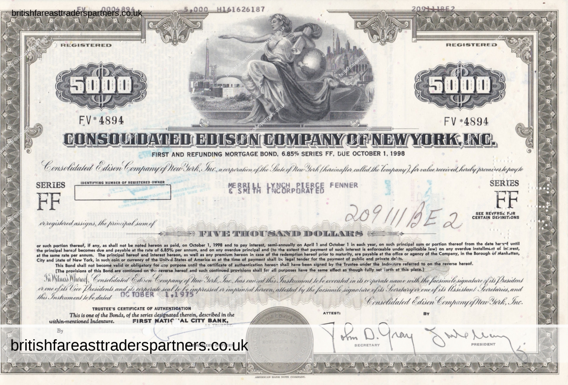 VINTAGE 1975 BOND CERTIFICATE “CONSOLIDATED EDISON COMPANY OF NEW YORK, INC.” COLLECTABLE DOCUMENTS | SHARES/ BONDS CERTIFICATES | COMPANIES | WORLD | SCRIPOPHILY | BUSINESS | INVESTMENTS