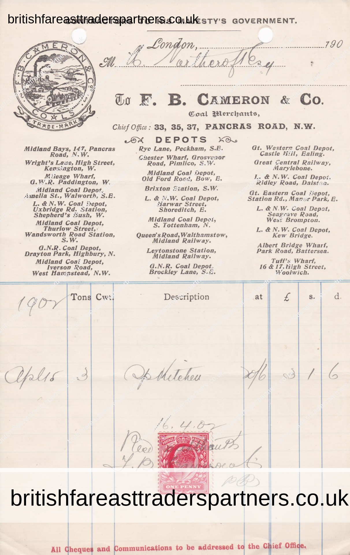 Antique 1902 F.B. Cameron & Co. Coal Merchants Pancras Road LONDON Invoice