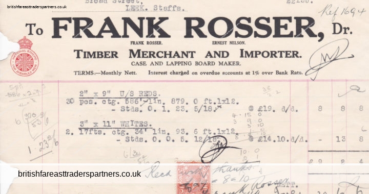 VINTAGE 1931 “FRANK ROSSER” TIMBER MERCHANT & IMPORTER Trafford Park INVOICE