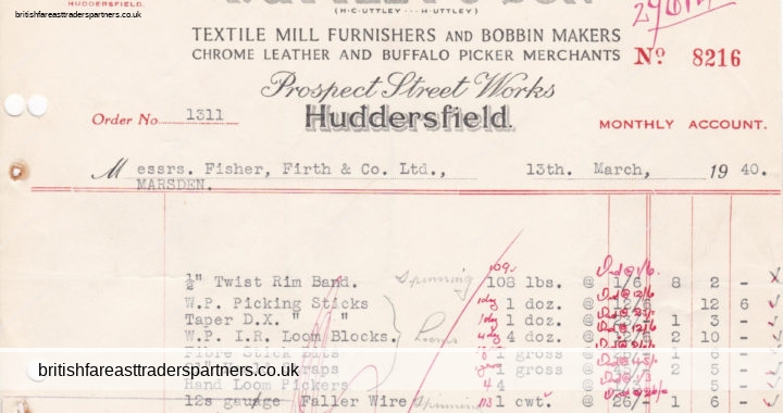 VINTAGE 1940 “F. UTTLEY & SON” HUDDERSFIELD Collectable INVOICE