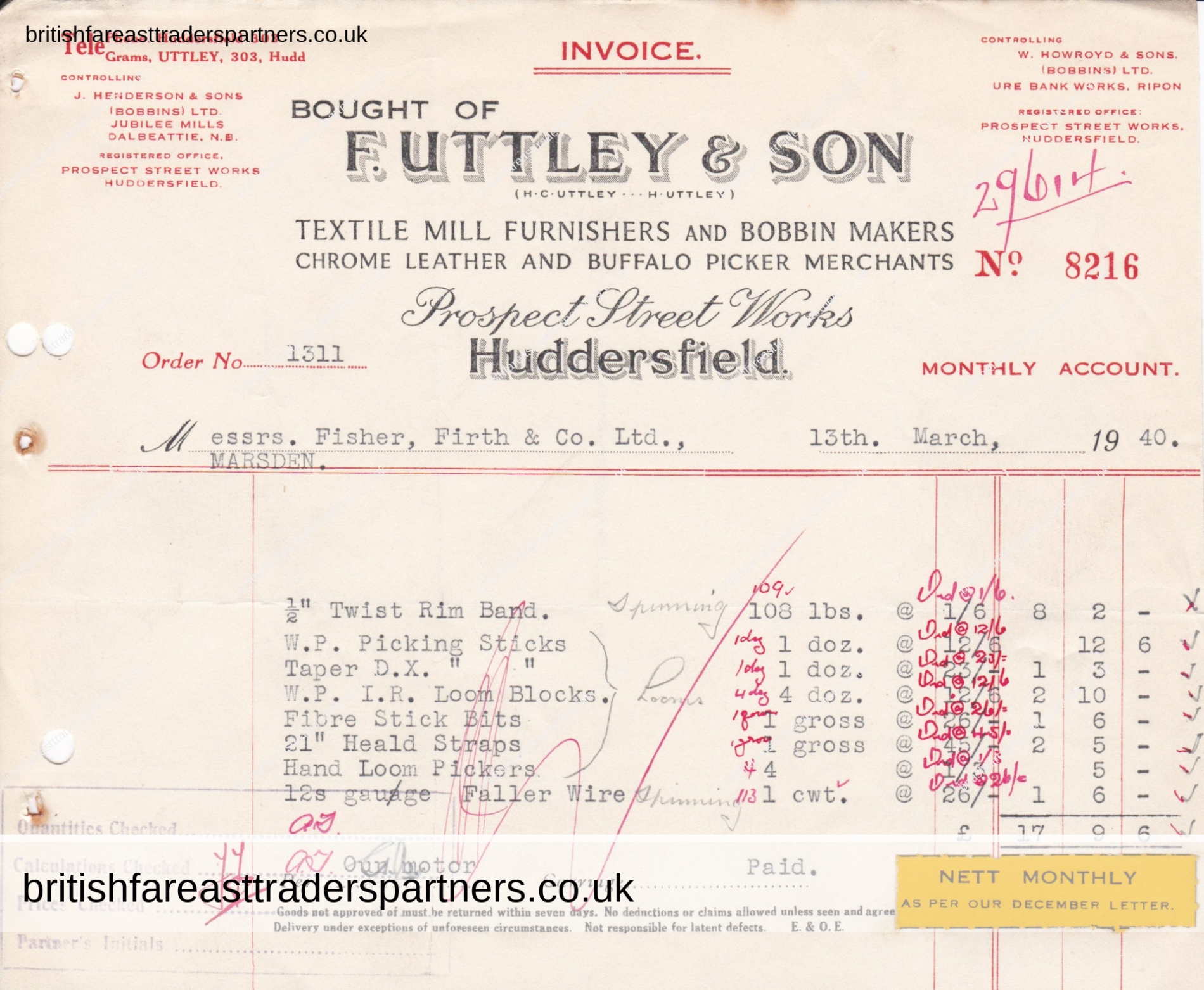 VINTAGE 1940 INVOICE / BILLHEAD F. UTTLEY & SON TEXTILE MILL FURNISHERS AND BOBBIN MAKERS CHROME LEATHER AND BUFFALO PICKER MERCHANTS COLLECTABLES | PAPER & EPHEMERA BUSINESS | COMPANIES |  INVESTMENTS | INDUSTRIES | HERITAGE | HISTORY