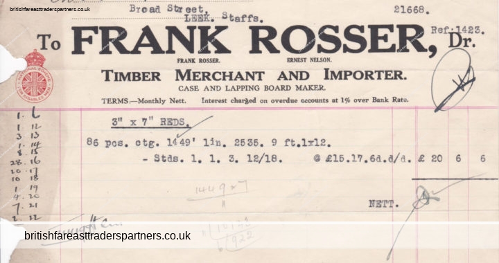 VINTAGE 1931 “FRANK ROSSER” TIMBER MERCHANT & IMPORTER Manchester INVOICE