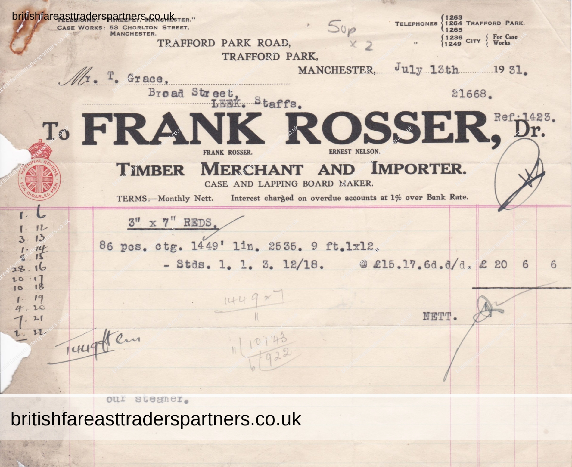 VINTAGE 1931 INVOICE / BILLHEAD “FRANK ROSSER”  TIMBER MERCHANT AND IMPORTER CASE AND LAPPING BOARD MAKER TRAFFORD PARK ROAD, TRAFFORD MARK, MANCHESTER COLLECTABLES | PAPER & EPHEMERA BUSINESS | COMPANIES |  INVESTMENTS | INDUSTRIES | HERITAGE | HISTORY