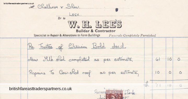 VINTAGE 1959 “W.H. LEES” Builders & Contractor STOKE-ON-TRENT INVOICE