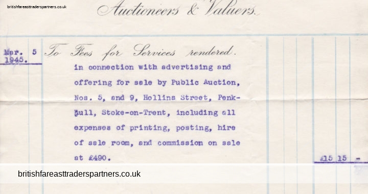 VINTAGE 1945 “Charles Butlers & Sons” Auctioneers & Valuers Collectable INVOICE