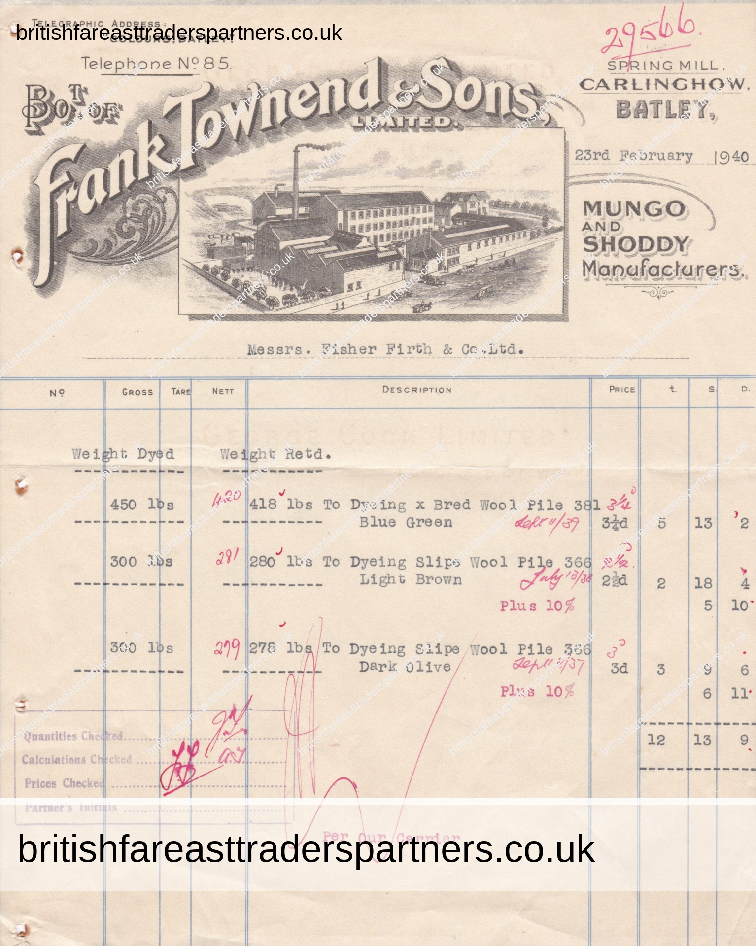 VINTAGE 1940 INVOICE / BILLHEAD “FRANK TOWNEND & SONS, LIMITED” MUNGO AND SHODDY MANUFACTURERS SPRING MILL, CARLINGHOW, BATLEY COLLECTABLES | PAPER & EPHEMERA BUSINESS | COMPANIES |  INVESTMENTS | INDUSTRIES | HERITAGE | HISTORY