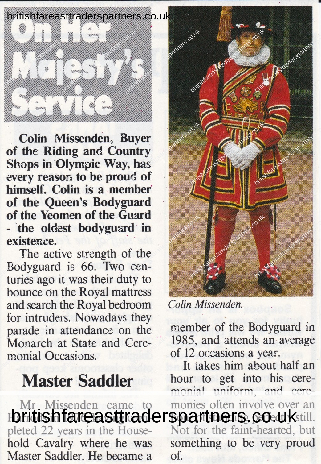 VINTAGE 1988 PHOTO ARTICLE HARRODS NEWS  ISSUE 11 APRIL 1988 “COLIN MISSENDEN” MEMBER OF THE QUEEN’S BODYGUARD OF THE YEOMEN OF THE GUARD COLLECTABLES | PAPER & EPHEMERA | PAPER & EPHEMERA | SOCIETY |  BRITISH | LIFESTYLE | CULTURE |  HISTORY | HERITAGE