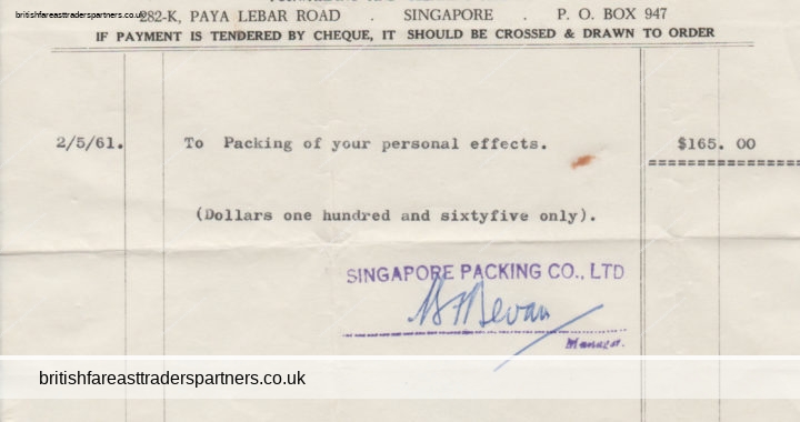 VINTAGE 1961 “SINGAPORE PACKING CO. LTD.” SINGAPORE INVOICE