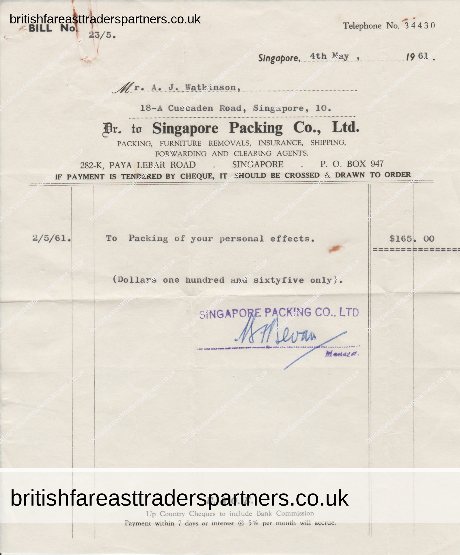 VINTAGE 1961 INVOICE / BILLHEAD “SINGAPORE PACKING CO. LTD.” PACKING, FURNITURE REMOVALS, INSURANCE, SHIPPING, FORWARDING AND CLEARING AGENTS COLLECTABLES | PAPER & EPHEMERA BUSINESS | COMPANIES | INDUSTRIES | SINGAPORE | BRITISH SINGAPORE | ASIA HERITAGE | HISTORY