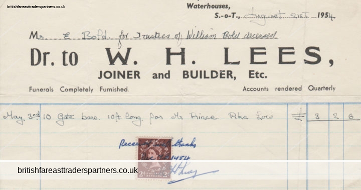 VINTAGE 1954 “W.H. LEES” STOKE-ON-TRENT JOINER AND BUILDER INVOICE